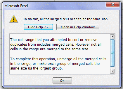 Excel Sorting Error due to Merged cells