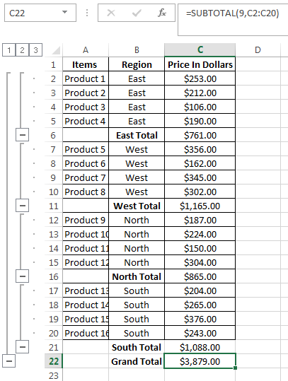 Subtotal Function from Excel Ribbon