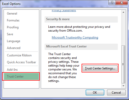 TrustCentre in Excel 2013