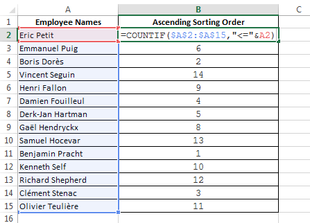 Use Countif to find the Sorting order of a list 02