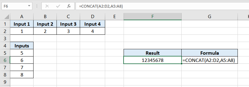 CONCAT function also allows you to concatenate two separate cell ranges