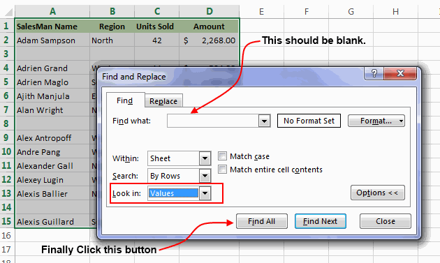 Find and Replace Dialog in Excel