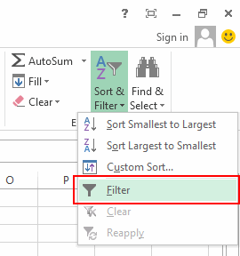 Sort and Filter Option in excel