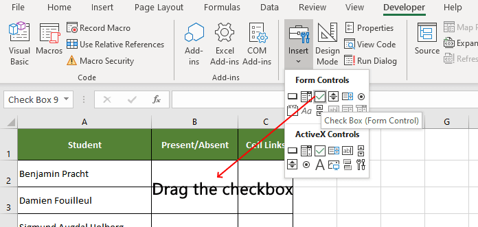 Drag the excel checkbox control