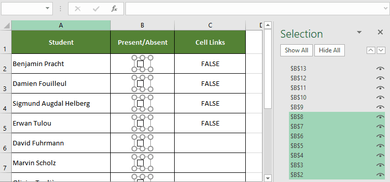 Selecting checkboxes using selection pane