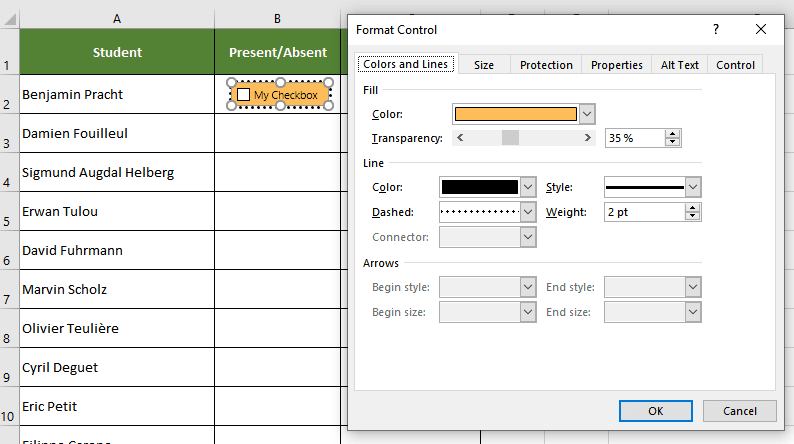 Formatting a checkbox in excel