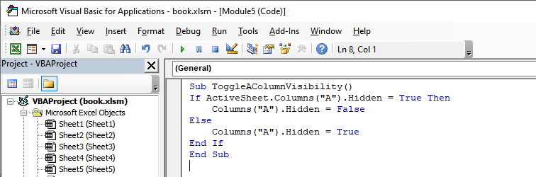 Adding macro to excel checkbox that hides column A