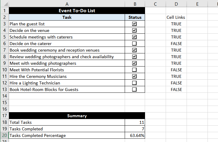 Creating a Todo List with checkbox in Excel