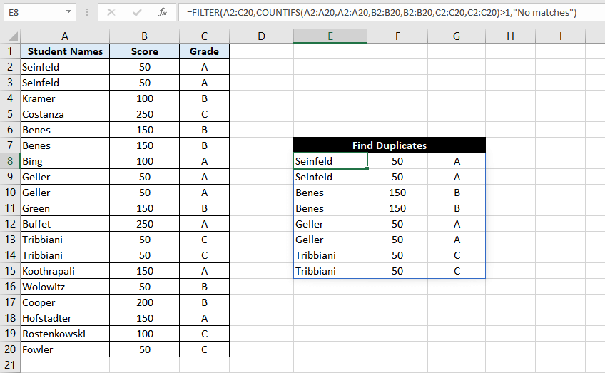 Filtering Duplicates Using the FILTER and COUNTIFS functions