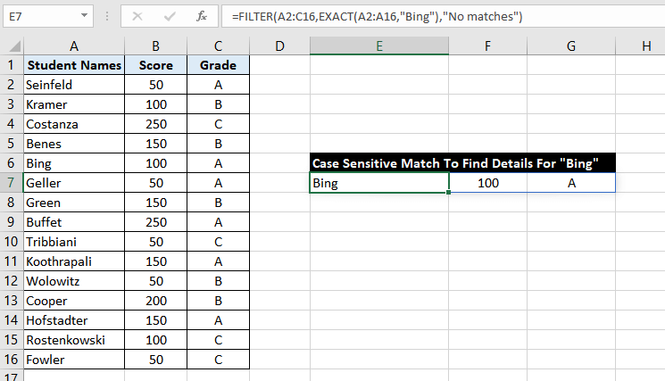 FILTER function Used in Combination With the EXACT function