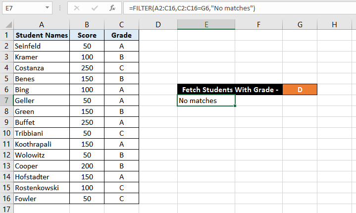 in case of no matching records the formula, returns the string no match as shown