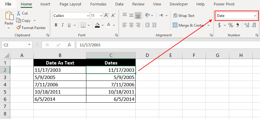 cell will be formatted as a “Date” in the Number Format box in Excel’s Home tab