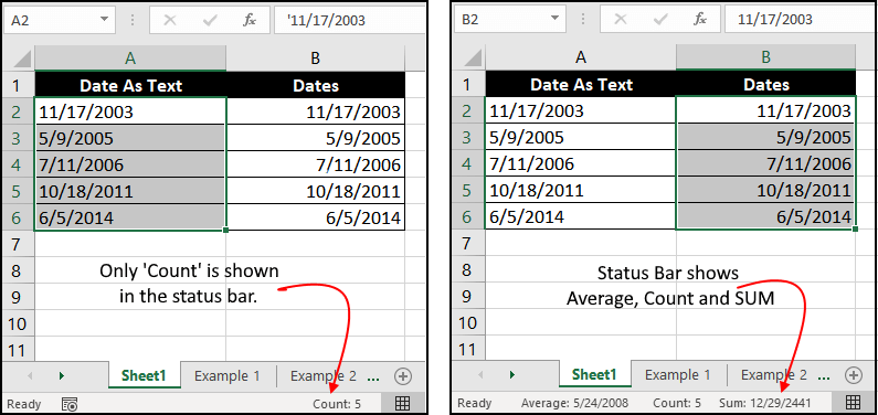 select the list of dates, you should see Average, Count, and SUM computed in the status bar