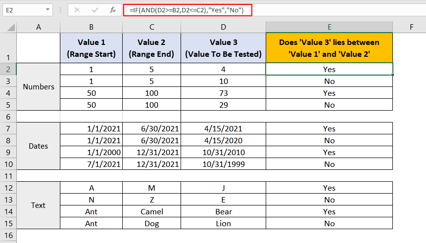 AND Function for finding a value in-between values