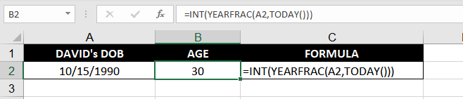 Using YEARFRAC function to Calculate Age in Years