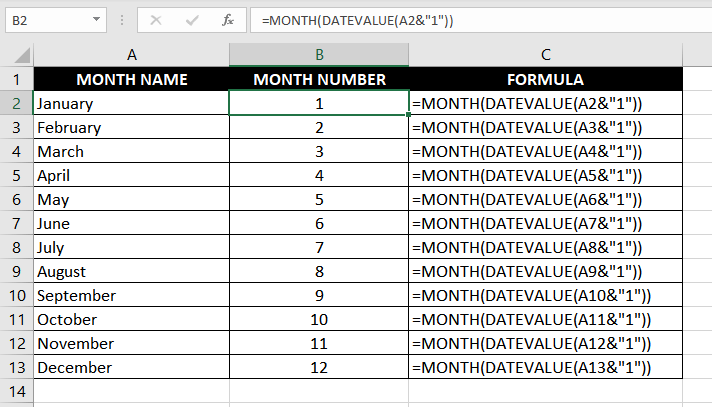 Get Month Number from Name using MONTH function