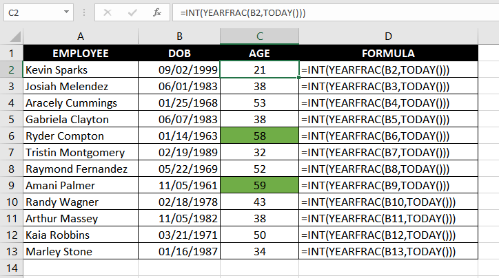 Calculate Age Using the YEARFRAC Function