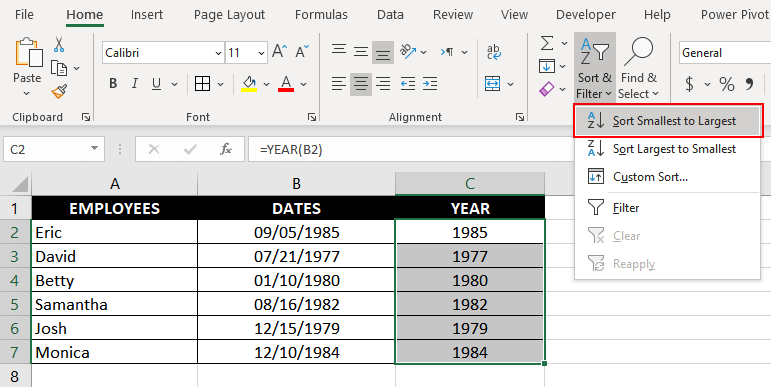 Use the Sort Smallest to Largest option and select Expand this selection