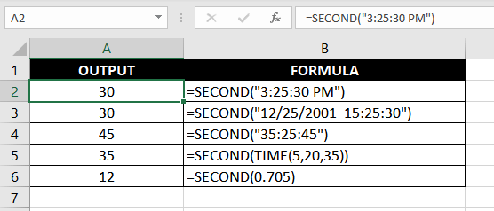 Other Valid Inputs for the SECOND Function