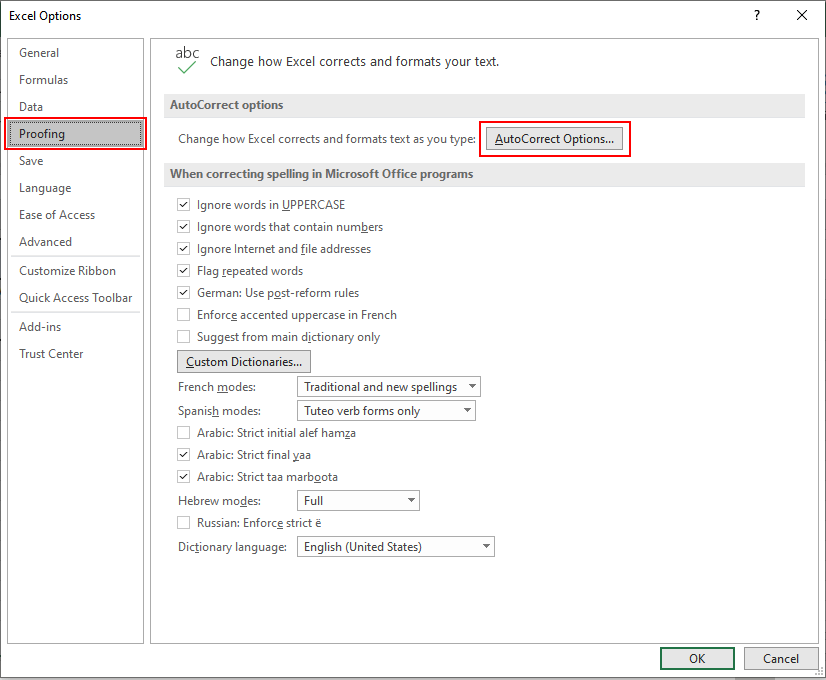 From the Excel Options, window select Proofing from the side panel