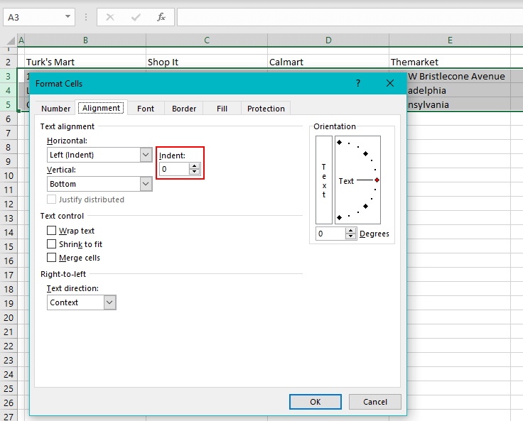 Format Cells dialog, select the Alignment In the Indent bar