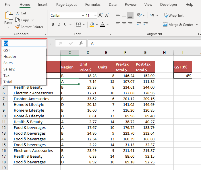Dropdown For Names of Cells, Ranges, Columns, and Rows