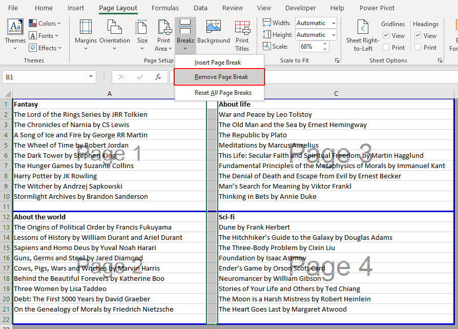 Navigate to the Page Layout tab > Page Setup section > Breaks button > Remove Page Break option