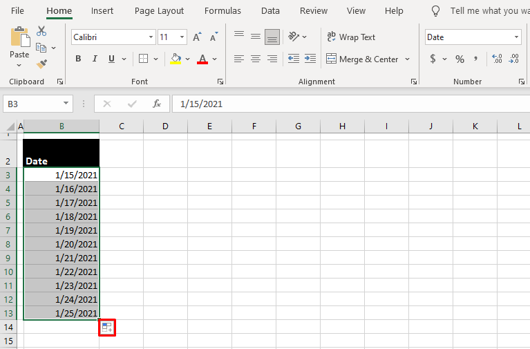 Autofill Year Sequence Using the Fill Handle