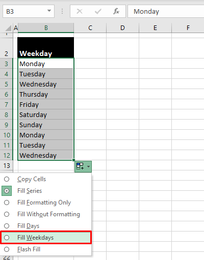 Autofill Weekdays Using the Fill Handle