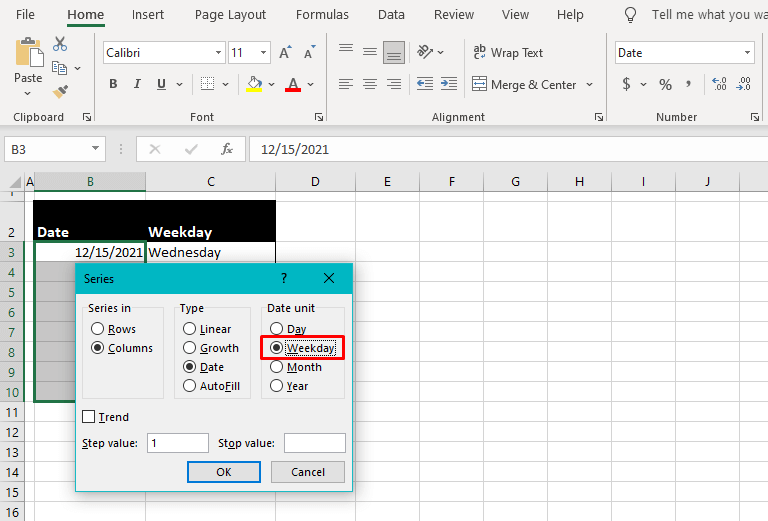 Autofill Weekday Sequence Using the Series Dialog