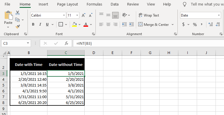 Remove Time from Date in Excel Using INT FUNCTION