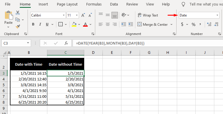 Remove Time from Date in Excel Using DATE FUNCTION