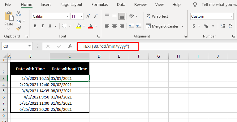 Remove Time from Date in Excel Using TEXT FUNCTION