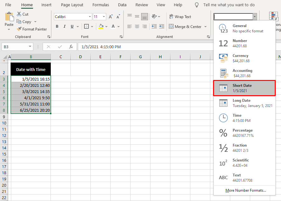 Remove Time from Date Using Formatting Cells