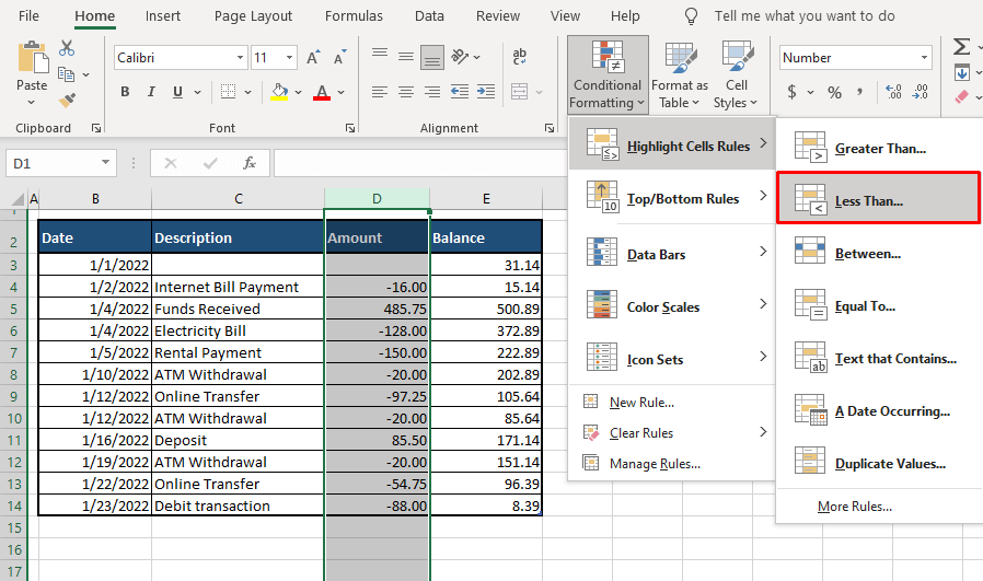 Using Conditional Formatting to Show Negative Numbers in Red