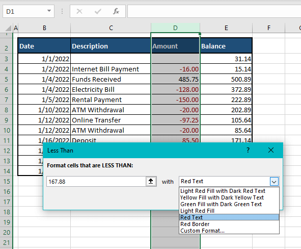 Using Conditional Formatting to Show Negative Numbers in Red