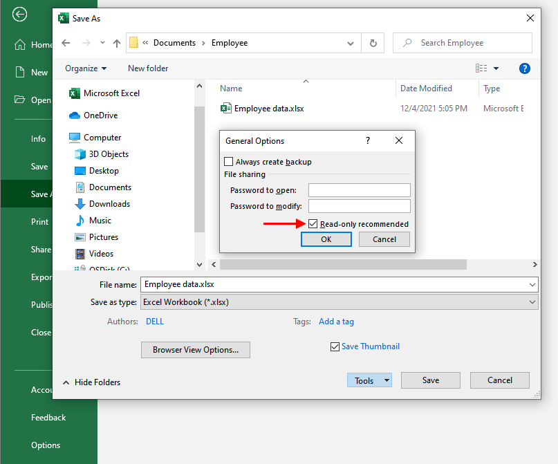 Forcing the File to Open with a Read-Only Prompt Using Save As Options