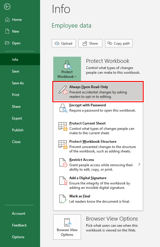 Forcing the File to Open with a Read-Only Prompt from Protect Workbook Options