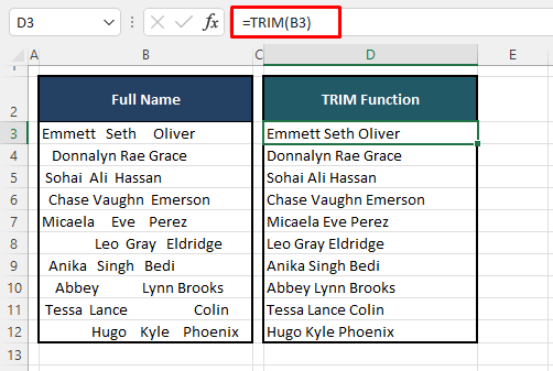 Use TRIM Function to Remove Extra Spaces