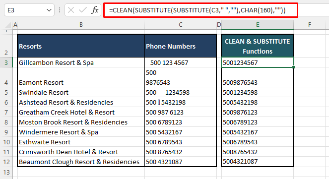 Use CLEAN and SUBSTITUTE Functions to Remove All the Spaces from a Cell