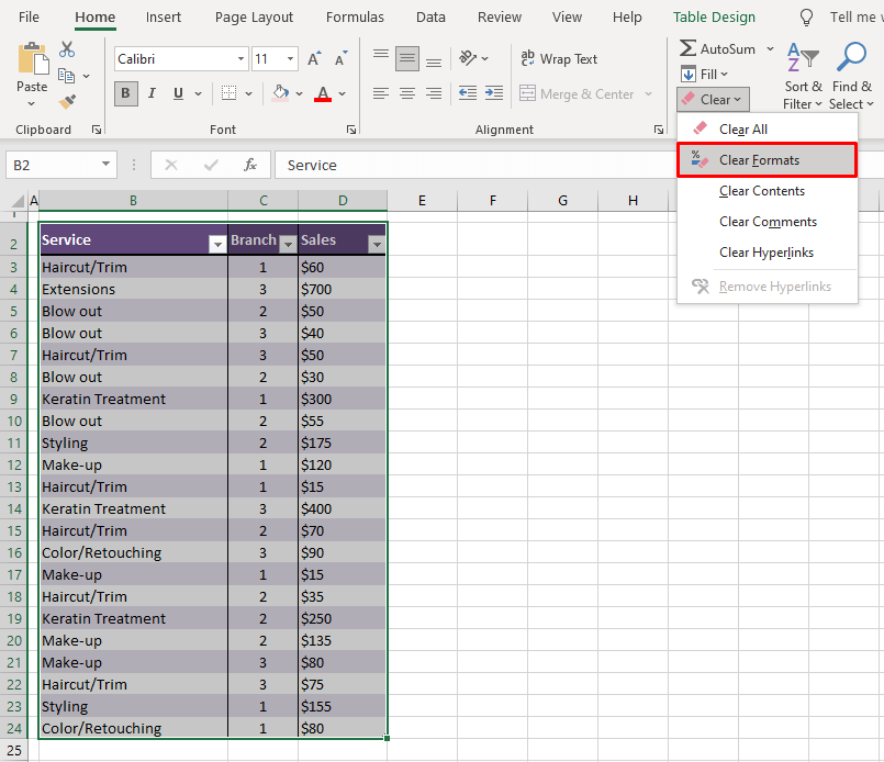 How to Clear All Formatting in a Table