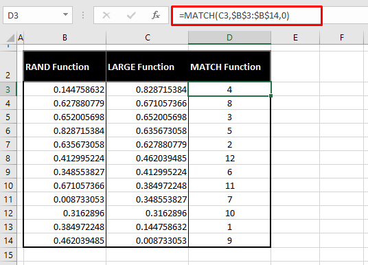 Using RAND, LARGE & MATCH Functions