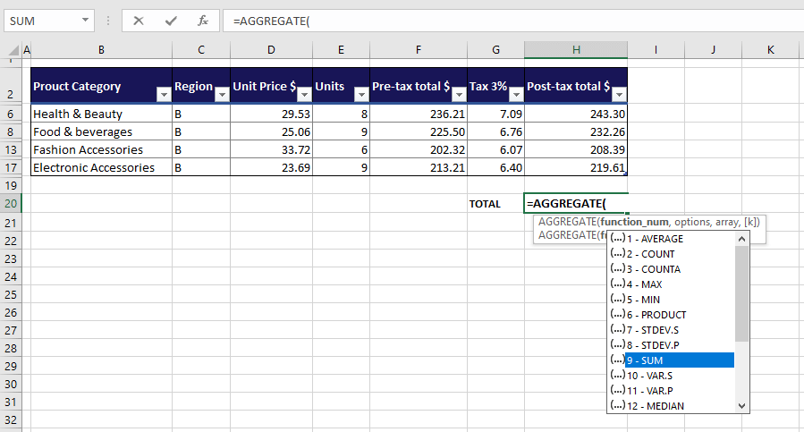 Using AGGREGATE Function