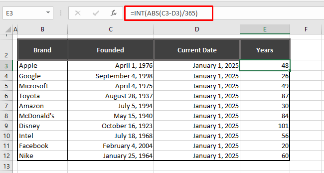 Calculating Number of Complete Years Using Custom Formula
