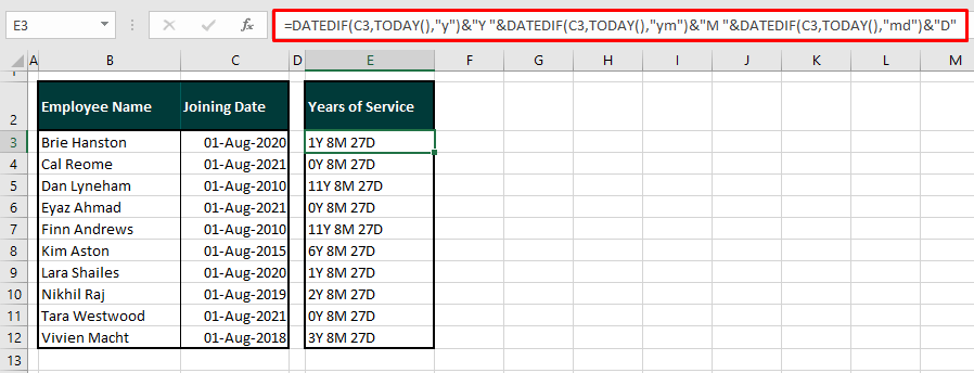 Calculating Service Duration till Current Date
