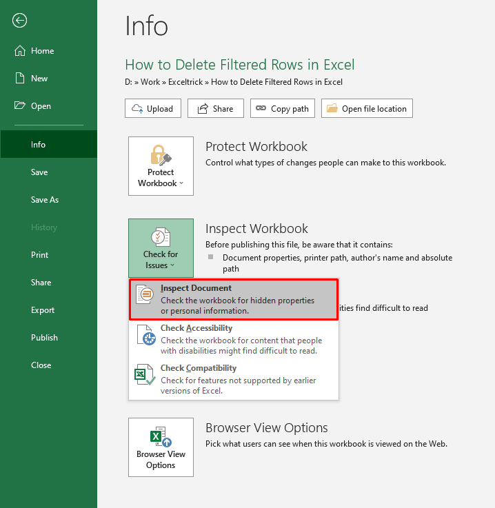 Deleting Hidden Filtered Rows Using Inspect Document