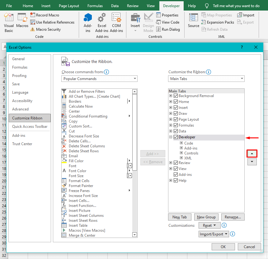 How to Move the Developer Tab on the Excel Ribbon