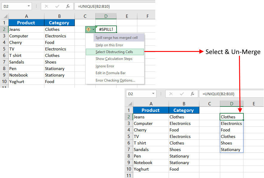 select the Obstructing Cells option to automatically locate the problem cells, and then unmerge the problem cell