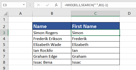 Extract First Name using MID Function
