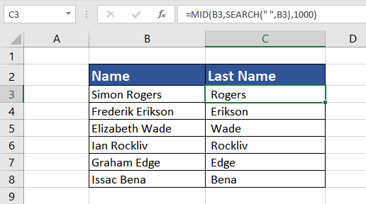 Extract Last Name using MID Function